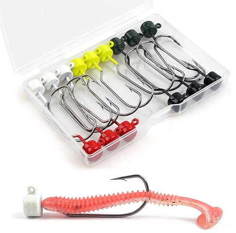 15stk Jigköpfe Angelhaken Set Gummifische Angeln Finesse Ned Rig Jig Heads Kit für Weichplastikköder Offset Weedless Jig-Kopf 7g 10g