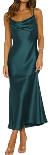 Mogidol Sommerkleid, Satin, Spaghettiträger, Wasserfallausschnitt, rückenfrei, Midi-Kleid, elegante Schnürung mit niedrigem Rücken, gerüschtes Cocktailkleid, dunkelgrün, Mittel