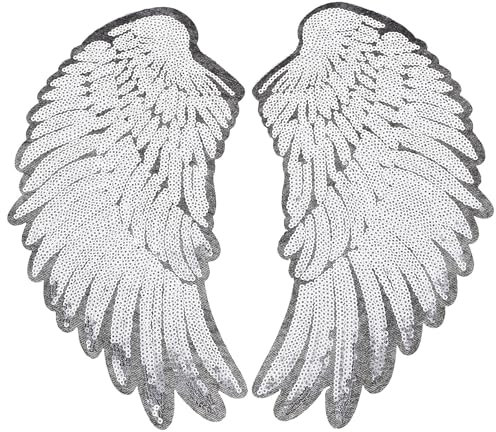 1 Pair Silver Sequin Angel Wings Patches, Iron-on or Sew-on Embroidered Applique for DIY Clothing Decoration, Jackets, Jeans, Dresses, Bags, Hats