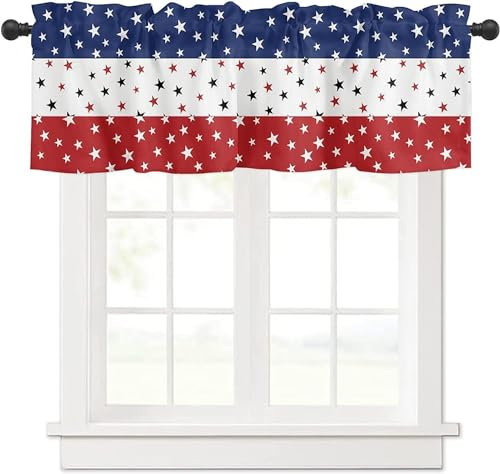 Patriotische Vorhänge, Volants für Küchenfenster, 4. Juli, Unabhängigkeitstag, kurzer Vorhang und Gardinenstangentasche, USA-Flagge, rot, weiß, blau, gestreift, Sterne, für Wohnzimmer, Vorhang über