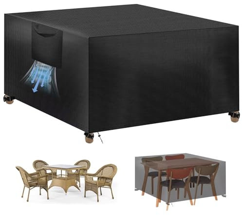 SWOUEKO Housse Table de Jardin, Bache de Protection Eexterieur Imperméables, 420D Oxford Carré Housse Salon de Jardin, Couverture de Protection Meubles pour Table, Chaise et Canapé, 126x126x74cm