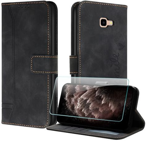 JayModCase Coque pour Samsung Galaxy J4 Plus avec Protection écran, Étuis Rabat Folio Housse Cuir Portefeuille [Emplacements Cartes] Magnétique Support pour Galaxy J4 Plus - Noir