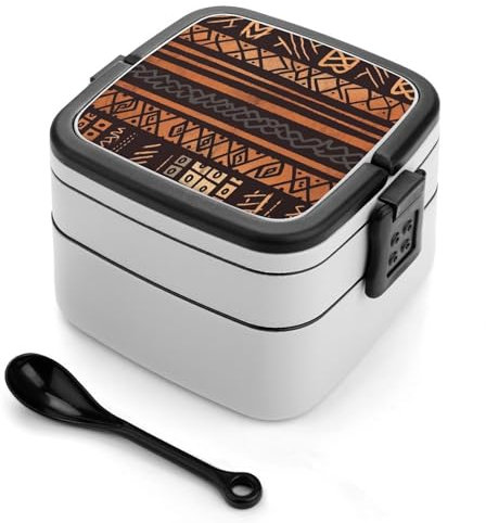 GFLFMXZW African Mud Cloth Tribal Bento Box Adult Lunch Box All-in-One Lunch Container with Removable Compartments Double Layer Bento Lunch Box with Spoon And Handle Stackable Lunch Box