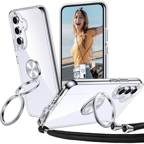 XYZ für Samsung Galaxy A55 5G Hülle mit Band, Clear | Doppelring Ständer HandyHülle, Dünn Stoßfeste Case, Anti-Kratzt SchutzHülle