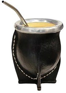 Tazza opaca argentino Premium con interni in legno di zucca naturale ed esterno in pelle nera con acciaio inossidabile - Include lampadina per Yerba Mate.