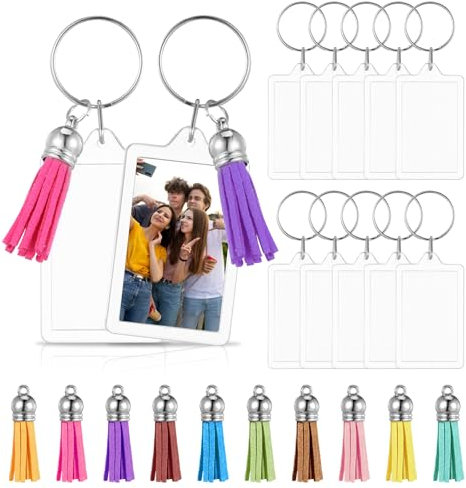 Nogeqi Lot de 30 porte clef personnalisable, acrylique transparent porte clé personnalisé (Contient dix porte-clés, dix mini cadres photo en acrylique et dixs pendentifs à pompons)