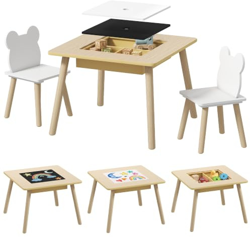 AIYAPLAY Set Tavolo e 2 Sedie per Bambini 3-6 Anni 3 in 1, Color Legno