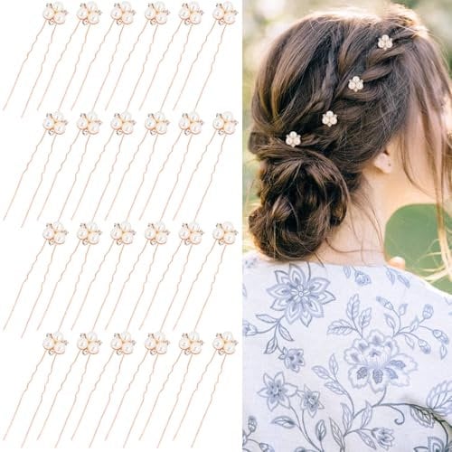 inSowni 24 Pieces Rose Gold Metal Sparkly Rhinestone Pearl U-shaped Wedding Bridal Hair Pins Accessories for Women Girls Brides Bridesmaids