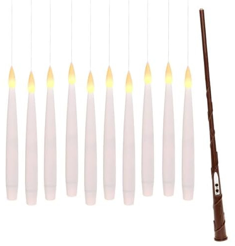 IC Home 10 Stück schwebende Kerzen mit Zauberstab als Fernbedienung | ca. 15,5 cm flammenlose Stabkerze | inkl. Batterien | magische Halloween Deko & Weihnachtsdeko