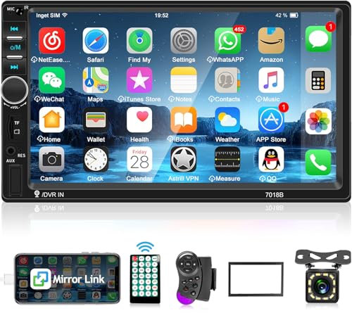 Radio Coche Bluetooth Pantalla - Radio 2 Din con Pantalla Táctil de 7 Pulgadas Enlace Espejo - Autoradio 2 Din con USB, SD, Radio FM, Control Del Volante + Cámara de Visión Trasera + Mando a Distancia