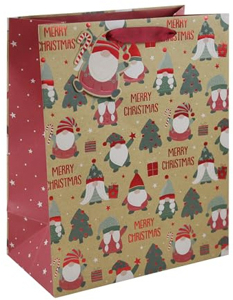 Eurowrap Brown Kraft Paper Merry Christmas Gonk Design Gift Bag - Large, Eco-Friendly, Fully Recyclable With Gift Tag for Xmas, Festive Wrapping