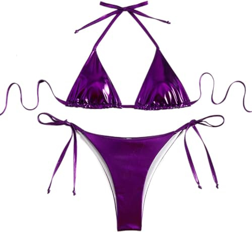 THSCWY Bikini da donna metallizzato, con allacciatura al collo, due pezzi, con laccetti laterali a triangolo, con imbottitura, Viola, L