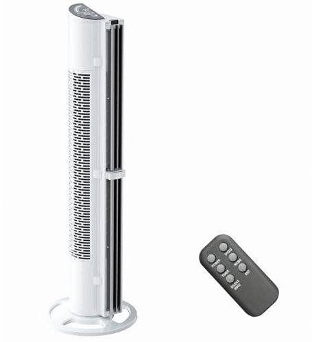 Ultty Ventilatore a torre con telecomando, 10 m/s silenzioso ventilatore a torre, 3 modalità, 6 velocità, timer da 15 ore, indicatore LED senza rotore, bianco