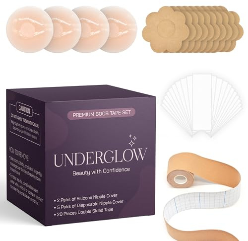 Underglow boob tape kit for breast lift invisible body adhesive strips with silicone nipple covers sweat resistant support for backless dress beige 4m roll and 32 essentials