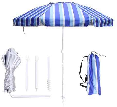 LOTTAFUN Strandschirm, strapazierfähig, windabweisend, UV 50+, tragbarer Sonnenschutz mit Sandanker und Tragetasche, Outdoor-Klappschirm für Strand, Pool, Terrasse, Garten (blaue vertikale Streifen)