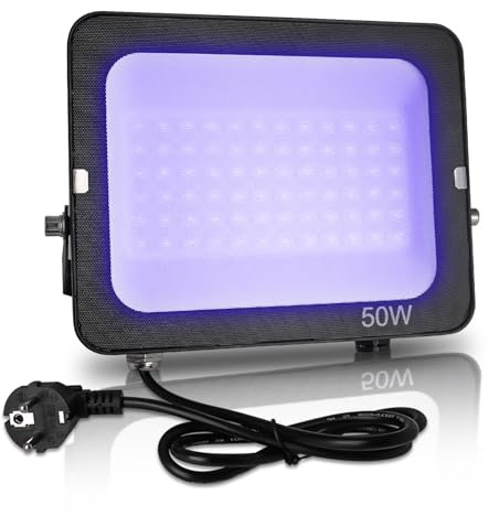 JBdusn Projecteur LED Fluorescent UV 50W, Lampes à Lumière Noire IP66 étanches, Luminaire UV Puissant 395-400nm avec prise, lumiere soiree pour fête d'Halloween et aquarium,Body Painting