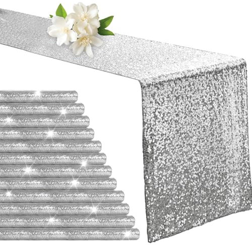 Aormenzy Pailletten-Tischläufer, silberfarben, 30,5 x 182,9 cm, glitzernde Pailletten-Läufer für Geburtstagspartys, Hochzeiten, Bankette und Babypartys, Party-Tischdekorationen, 12 Stück