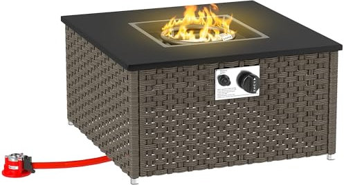 Outsunny Mesa de ratán con chimenea de gas para jardín, chimenea de propano sin humo de 13 KW con tapa, mesa cuadrada de café de jardín con calentador de patio para exteriores, patio, 58 x 58 x 33