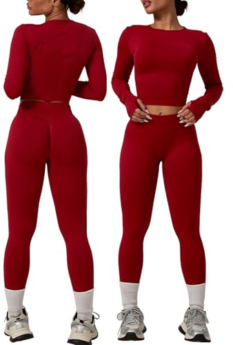 MAYROUND Women Gym Set 2 Piece Outfits Workout Set Long Sleeve Gym Tops Scrunch Bums Leggings Yoga Activewear Tracksuit Set