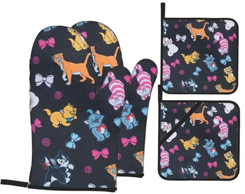 Cartoon Cat Print Kitchen Mitts And Pot Holders Set Resistant Oven Mitts Pot Holders Waterproof