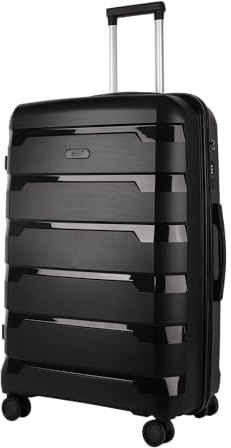 JLY 28inch Large Suitcase, Lightweight PP Hard Shell, Coal Black | Checked Luggage with Combination Lock, USB Port, 360° Double Spinner Wheels for Long Holidays and Family Travel