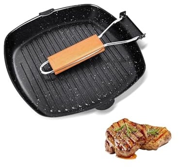 JSJMOFA Poêle à Griller En Fonte, Poêle à Steak Carrée Acier Carbone 28cm | Poêle à Steak Carrée En Acier Au Carbone, Poêle à Griller Antiadhésive Avec Poignée En Bois Pliante, Poêle à Frire à Steak,