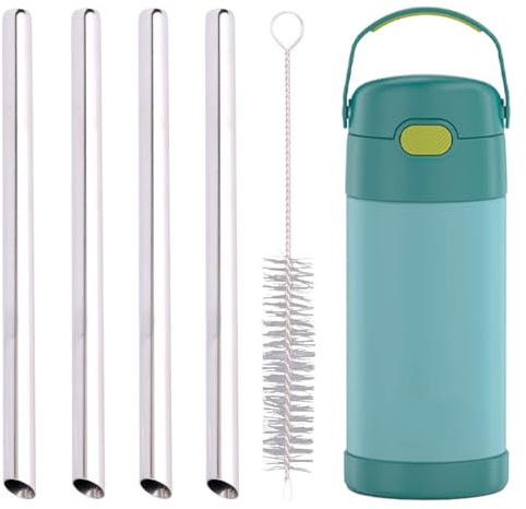 4pcs Metal Straws Compatible with Thermos Funtainer 12oz Bottle, Stainless Steel Durable Straw Replacements Parts Accessories with 2 Cleaning Brushes for Thermos F401 & F410