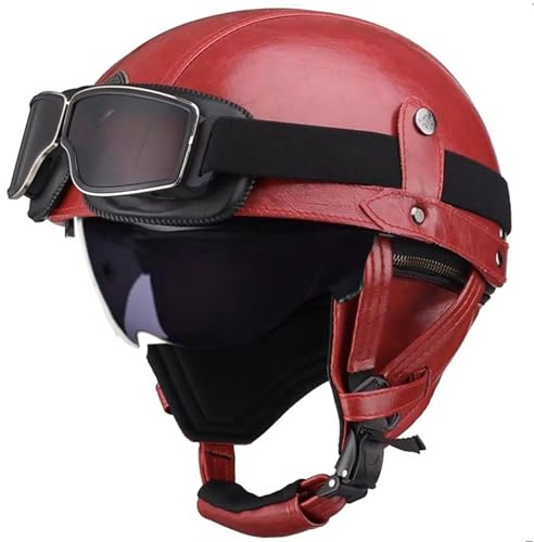 GAOFZHAO Motorrad-Halbschalenhelm aus Leder, Vintage, DOT/ECE-Zertifiziert, mit Schutzbrille, Schnellverschlussschnalle, Halbschalen-Jethelm, Cruiser-/Scooter-Motorradhelm for Erwachsene(A70,L)