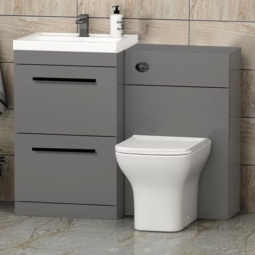 Arko Vanity Unit Furniture Set, Wash Basin, WC,Toilet Pan, Soft Close Toilet Seat, Concealed Cistern, Bathroom Storage Cabinet-White (black handle Grey)