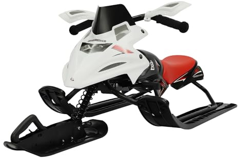 Lenkschlitten mit 2 Fußbremsen, Schlitten mit Automatisches Zugseil & Lenkrad & Stoßdämpfer für Kinder und Erwachsene, Max. Belastung 80 kg, Kinderschlitten Skibob Kufenschlitten (Weiß+Rot)