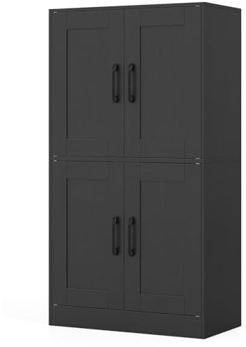 GiantexUK Tall Kitchen Cupboard, Pantry Storage Cabinet with 4 Doors, Adjustable Shelves & Anti-Tipping Device, Freestanding Kitchen Sideboard Units for Dining Living Room (Black, 60x30x110cm)