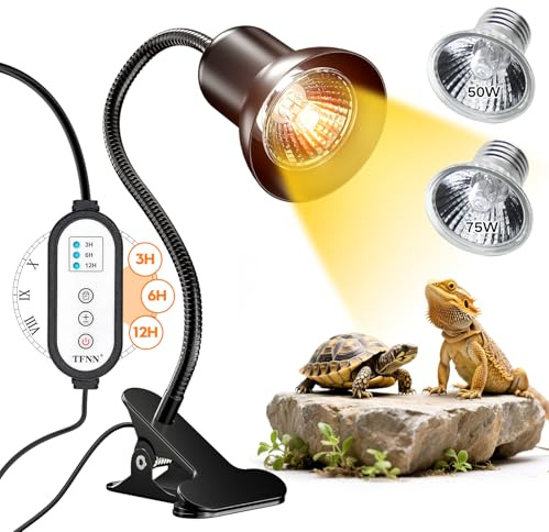 TFNN Reptile Heat Lamp, Heat Lamp with Clamp, UVA UVB Reptile Light with Intelligent Cycle Timer for Turtle, Bearded Dragon, Lizard and More, 2 Bulbs 50W+75W