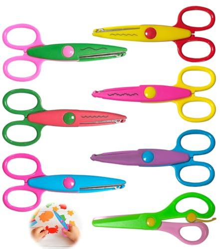 7 Stück Bastelschere Set, Zick-Zack-Schere Bastelschere Grundschule Sichere Bastelscheren Zickzackschere Stoff Verschiedene Designs Bunt und Sicher Lustigen Motiven für Bastelarbeiten Scrapbooking