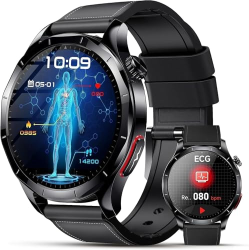 Lgnitek Smartwatch Herren mit EKG+HRV/Blutdruckmessung/BMI/Harnsäure/Mikro-Gesundheitscheck, 1,43 Zoll AMOLED Gesundheitsuhr mit SOS-Notruf, 24/7 Herzfrequenz/Schlafmonitor/SpO2, Android/iOS