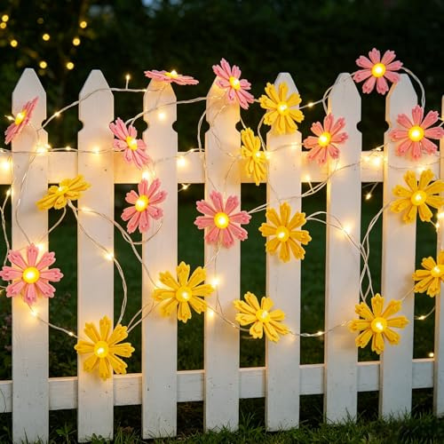 EASY JOY 2 Stück Gelb Rosa Filz Gänseblümchen Lichterkette, Blumen Girlande Frühling Feenlichter, Gänseblümchen Blumen Deko für Geburtstag Party Garten Babyparty Schlafzimmer Wand