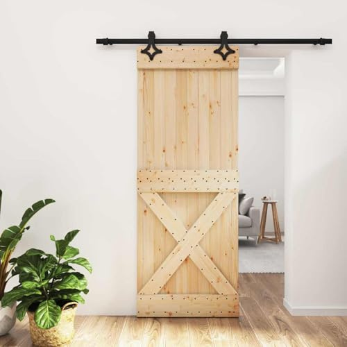 kithwjll Schiebetür Natürlich und Schwarz 80 x 210 cm Massivkiefer, Innentür Holz mit pulverbeschichteter Stahlschiene, Zimmertür Falttür für Raumoptimierung und einfache Montage