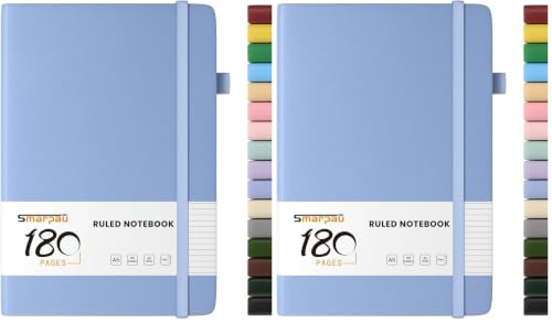 Smarpau Notebook A5, Hardback Journal Notebook with 180 Pages Paper, Thick Leather Journal for Women Men, No Bleed for Writing, Notepad for Office School Travel Supplies, Light Blue (Pack of 2)