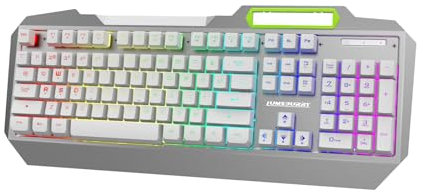 Lumsburry Clavier de jeu rétroéclairé à LED RVB avec anti-ghosting, touches lumineuses et contrôle multimédia, clavier USB filaire en métal étanche pour PC, jeux, bureau (argenté et blanc)