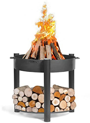 Cook King Stahl Feuerschale Montana Ø 80 hoch | Inkl. Holzlager, Schwarz, Ø 80x80 cm | Grillschale Robust & Witterungsbeständig