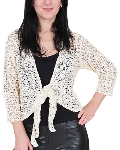 Ladies Popcorn Style Crochet Plain Stretch Fish Net Tie at Waist Bolero Shrug Open Cardigan (One Size, Cream)