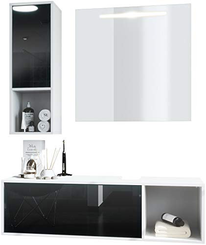 Vladon Badmöbel Komplettset La Costa, Made in Germany, Korpus in Weiß matt/Fronten in Schwarz Hochglanz, mit LED Spiegel