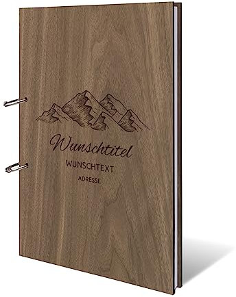 Ferienwohnung Gästebuch Nussbaum Holzcover mit individueller Gravur inkl. 72 Naturpapier Blätter DIN A4 hoch 215 x 302 mm - Berge