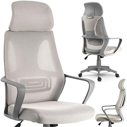 SOFOTEL Praga Bürostuhl ergonomisch Profilierte Rückenlehne Drehstuhl mit Rollen und Neigemechanik verstellbare Kopfstütze Gaming Stuhl Schreibtischstuhl Chefsessel Micro Mesh Beige