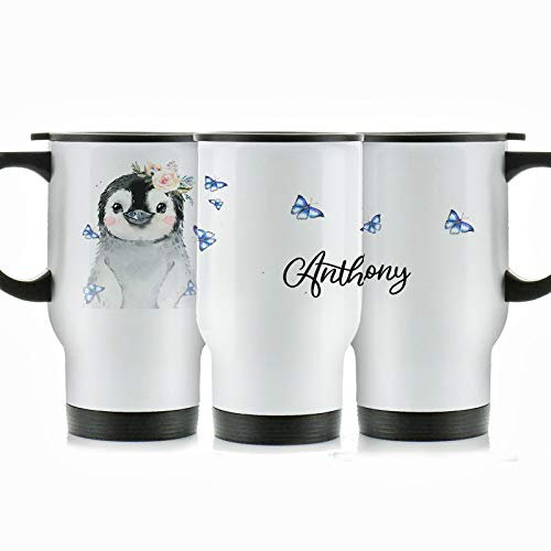 Hairyworm Personalised Travel Mug, 400ml White Stainless Steel Travel Mug with Handle, Customised with Initial/Name, Grey Penguin Blue Butterflies Design Print