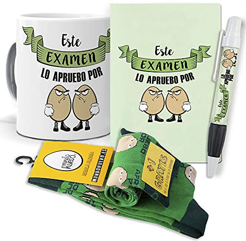 Super Regalo Personalizado para Estudiantes. Este Examen lo apruebo por Huevos. Taza, libreta, boli y Trio de Calcetines
