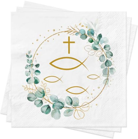 Sprinlot 40 Stück Servietten Kommunion Junge Mädchen Servietten Konfirmation Servietten Kommunion Eukalyptus Weiß Servietten Fisch Taufe Papierservietten Tischdeko für Firmung Taufe Erstkommunion Deko