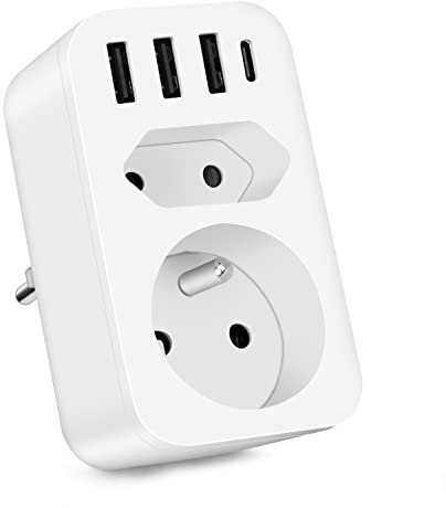FDTEK 6 en 1 Multiprise Murale avec 1 Prise AC, 1 Prise Euro, 3 USB A et 1 USB C (3A), (4000W), Chargeur USB Murale Prise, Adaptateur USB Multiprise Cube Universelle Electrique pour Domicile, Bureau