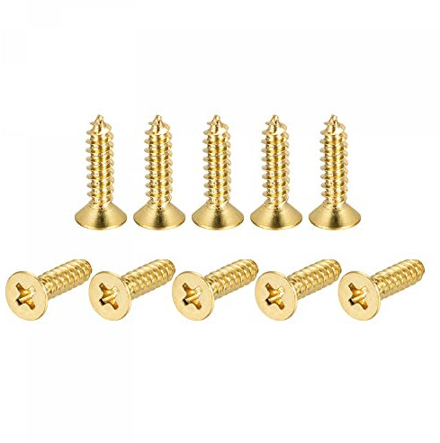 sourcing map Brass Wood Screws, M5x20mm Phillips Flat Head Self Tapping Connector for Door Hinges, Wooden Furniture, Home Appliances 16Pcs