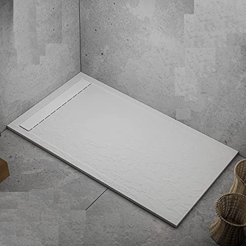 Piatto doccia bianco, in mineralmarmo, con effetto pietra ardesia, serie Lisboa, slim 3 cm, rivestito di Gelcoat, antiscivolo (80x180)