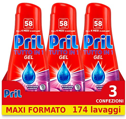 Pril Gel All in One Sciogli Grasso Detersivo Lavastoviglie Liquido Multi-Azione Sporco Difficile, 3 Confezioni x 58 Lavaggi (174 lavaggi)